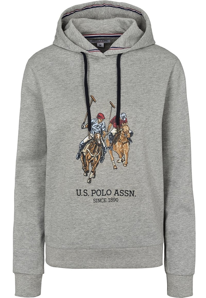 Šedá mikina s kapucí, s vyšitým motivem polo scény. Text "U.S. POLO ASSN. OD ROKU 1890" v tmavě námořnické modři pod grafikou.