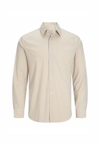 Maglietta a maniche lunghe beige e bianca a strisce con colletto button-down e bottoni frontali, dotata di polsini con dettagli a contrasto.