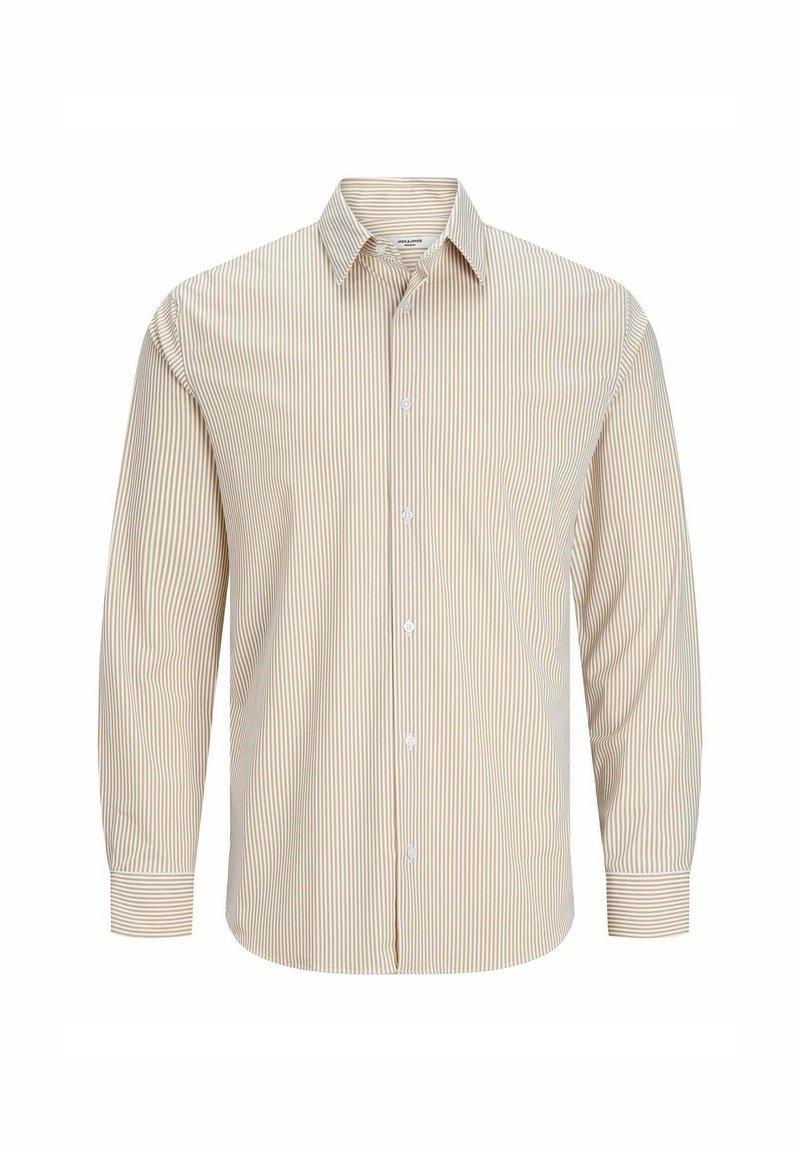 Maglietta a maniche lunghe beige e bianca a strisce con colletto button-down e bottoni frontali, dotata di polsini con dettagli a contrasto.