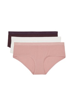 Drei Paare Damenunterhosen in Pink, Weiß und Dunkelviolett. Hergestellt aus weichem Stoff mit elastischen Taillenbündchen, die ein Logodetail aufweisen.