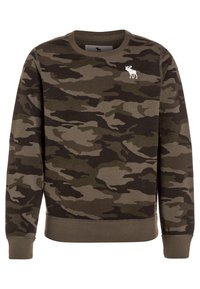 Sudadera de camuflaje en tonos de verde y marrón, hecha de un tejido suave, con un cuello redondo y puños acanalados, con un pequeño logo de alce blanco.