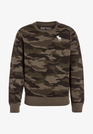Camo sweatshirt in tinten groen en bruin, gemaakt van zachte stof, met een ronde halslijn en geribde manchetten, voorzien van een klein wit moose-logo.