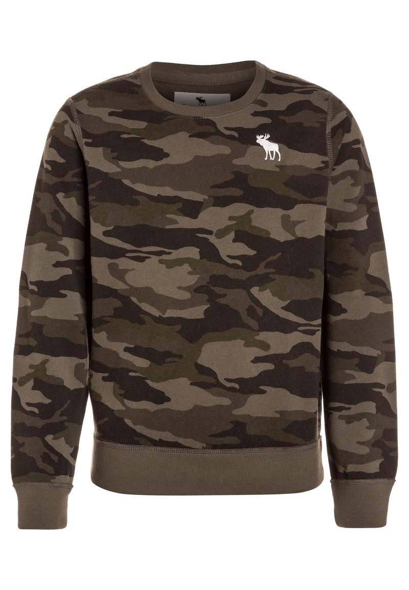Sudadera de camuflaje en tonos de verde y marrón, hecha de un tejido suave, con un cuello redondo y puños acanalados, con un pequeño logo de alce blanco.