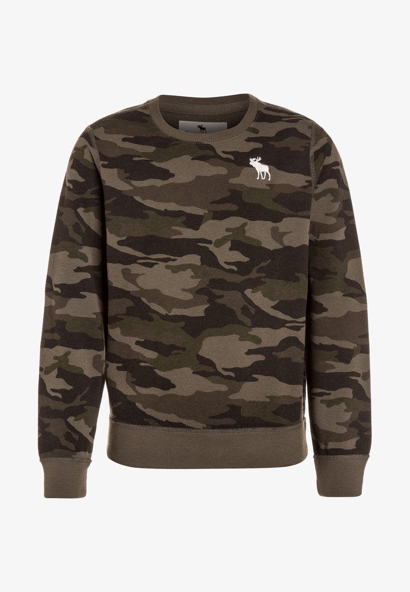 Sudadera de camuflaje en tonos de verde y marrón, hecha de un tejido suave, con un cuello redondo y puños acanalados, con un pequeño logo de alce blanco.