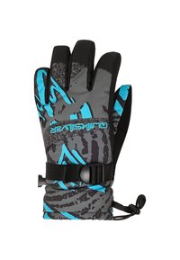 Čierne a šedé zimné rukavice s modrými abstraktnými vzormi, nastaviteľný zápästný remienok a sťahovací kord pre bezpečné uchytenie.