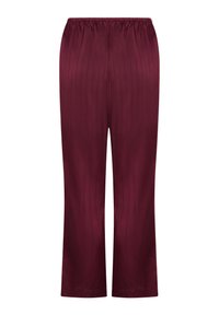 Pantalons bordeaux en tissu lisse avec un design plissé. Dotés d'une taille élastique et de jambes droites. Pas de poches ni d'accents supplémentaires.