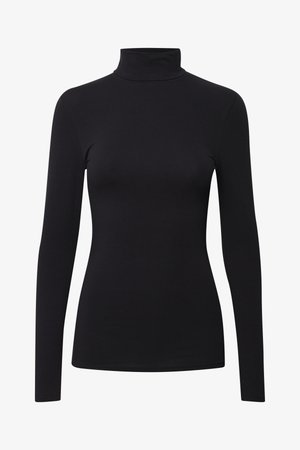 Svart långärmad turtleneck-tröja i mjukt och elastiskt tyg, med en åtsittande design och sömlös konstruktion för en slät utseende.