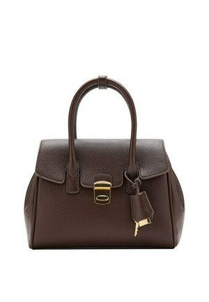 Bolso de mano de cuero marrón oscuro con acabado texturizado, asas dobles, cierre dorado y llave adjunta con funda de cuero.