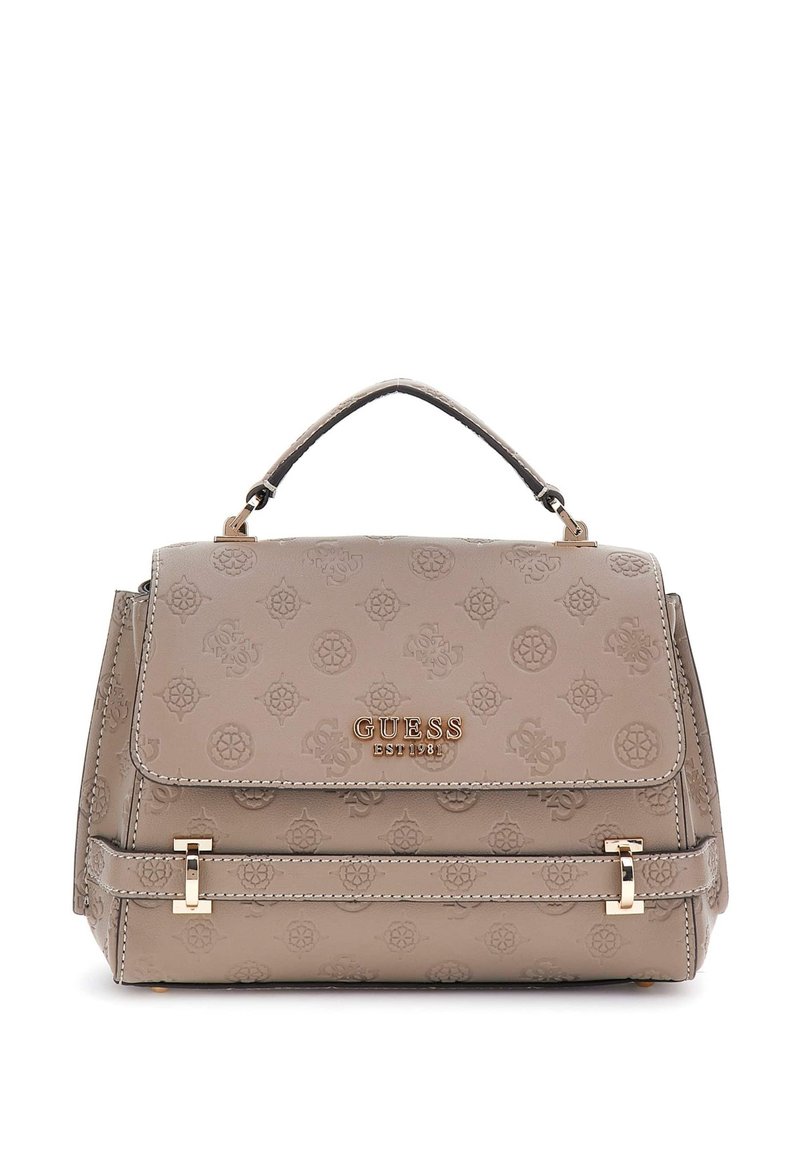 Borsa a tracolla in ecopelle beige con motivo logo in rilievo, dettagli in metallo dorato, manico superiore e chiusura con patta e scatto magnetico.