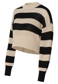Afgebroken trui met zwarte en beige horizontale strepen, gebreide textuur, geribbelde manchetten en een brede ronde halslijn.
