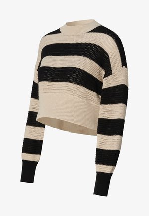Afgebroken trui met zwarte en beige horizontale strepen, gebreide textuur, geribbelde manchetten en een brede ronde halslijn.
