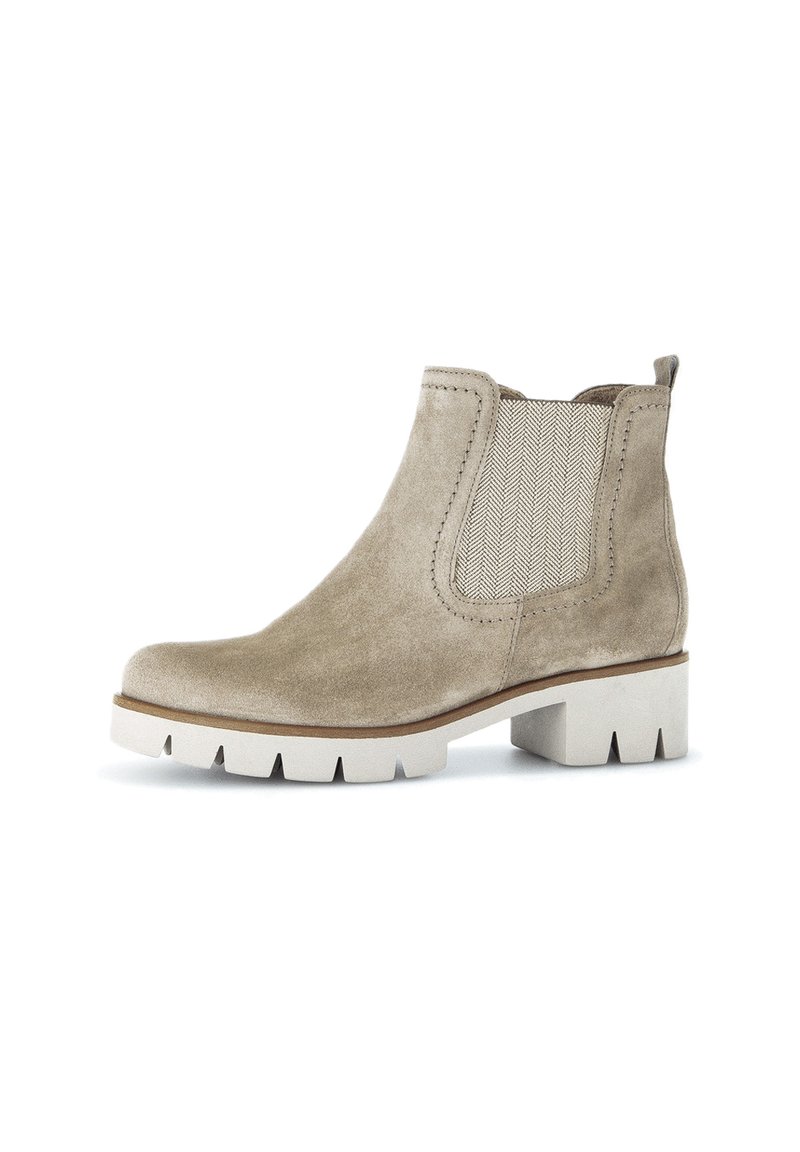 Beige suede ankle boots with a textured side panel, block heel, and serrated white rubber sole. Features stitching along the edges.