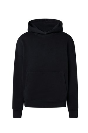 Schwarzer Pullover-Hoodie mit langen Ärmeln, vorderer Kängurutasche und angenähter Kapuze, dargestellt auf weißem Hintergrund.