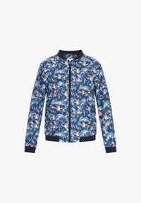 Chaqueta bomber floral en azul marino con cierre de cremallera, que presenta un patrón de hojas tropicales y pájaros de paraíso. Puños y dobladillo de canalé. Ajuste estándar.