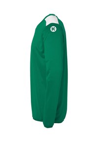 Groene longsleeve shirt met een witte accent op de schouder en een logo op de mouw; gemaakt van soepel, ademend materiaal; aansluitend ontwerp.