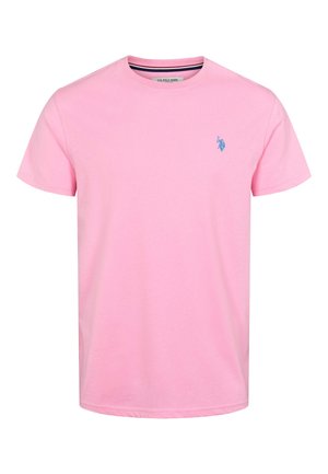 Egyszínű világos rózsaszín rövid ujjú, kerek nyakú póló, kis kék hímzett ló és lovas logóval a bal mellrészen.