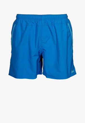 Siniset miesten urheilushortsit, joissa joustava vyötärönauha, sivutaskut ja pieni Adidas-logo alavasemman jalan kohdalla.