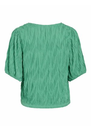 Green short-sleeve blouse with a textured, crinkled design. Features a wide neckline and loose fit, ending at the waist.