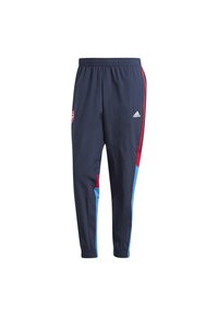 Marineblaue Sporthosen mit roten und blauen Seitenpaneelen, elastischem Bund und weißem Adidas-Logo. Leichtes Material mit schmal zulaufender Passform.
