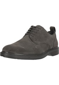 Derbies de ante gris con diseño de cordones, punta redonda, acentos de costura y suela de goma negra para mayor durabilidad. Textura suave en todo.