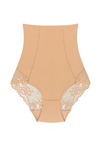 Beige high-waisted shapewear met kant zijpanelen. Glad materiaal en een strak ontwerp, met stikseldetails voor extra structuur.