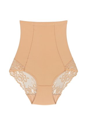 Beige højtaljede shapewear med blonde sidepaneler. Glat materiale og strømlinet design med syninger for ekstra struktur.