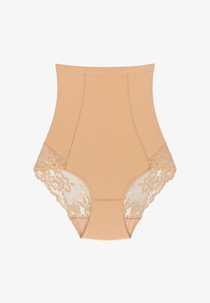 Beżowe modelujące ciało o wysokim stanie z koronkowymi panelami bocznymi. Gładki materiał i elegancki design, z widocznymi detalami szwów dla dodatkowej struktury.