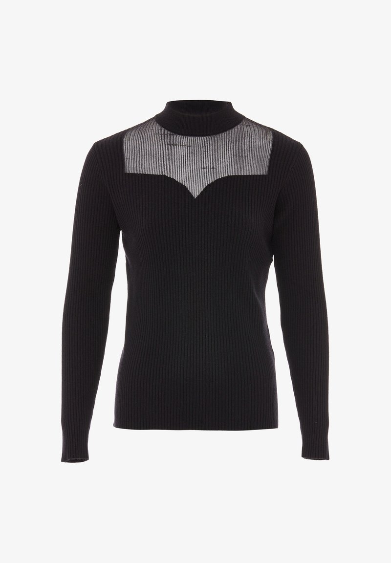 Fekete bordázott, hosszú ujjú pulóver, illeszkedő garbónyakkal és átlátszó csíkozott panelekkel a mellrészén, cseppformájú mintával.