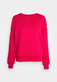 Fuchsia crewneck sweater met verlaagde schouders, ribgebreide manchetten en rand. Gemaakt van zachte stof, met een gladde textuur en effen kleur.