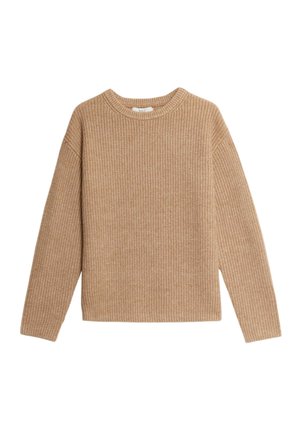 Beige gebreide trui met lange mouwen, ronde hals en geribbelde structuur, plat uitgestald op een witte achtergrond.