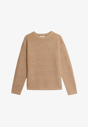 Langærmet beige strikket sweater med rund hals og ribbet tekstur, lagt fladt på en hvid baggrund.