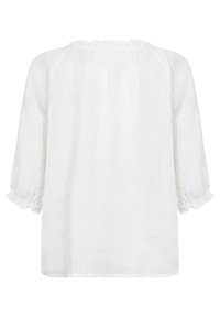 Witte linnen blouse met een gathered halslijn, lange mouwen met elastische manchetten en een losse pasvorm. Geweven stof met een zachte val.