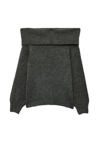 Off-shoulder, mørkegrå sweater lavet af blødt strikstof. Har bred ribbet halsudskæring og lange, afslappede ærmer. Flad design.