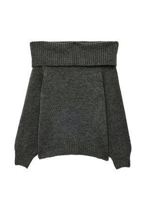 Off-the-shoulder, dark gray sweater made of soft knit fabric. Features wide ribbed neckline and long, relaxed sleeves. Flat design.