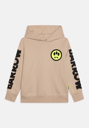 Sweat à capuche beige avec le texte noir « BARROW » sur les deux manches et un smiley jaune à trois yeux et avec des crocs sur la poitrine.