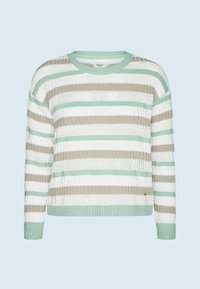 Lett strikket sweater med mintgrønne, beige og hvide vandrette striber, med rund hals og ribbede manchetter og kant.
