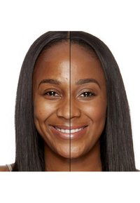 Half of a woman's face shows smooth skin with a subtle glow, while the other half has visible texture and blemishes, showcasing a contrast in appearance.