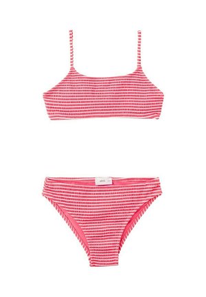 Bikini deux pièces rayé rose et blanc avec fines bretelles sur le haut et une culotte à coupe standard.