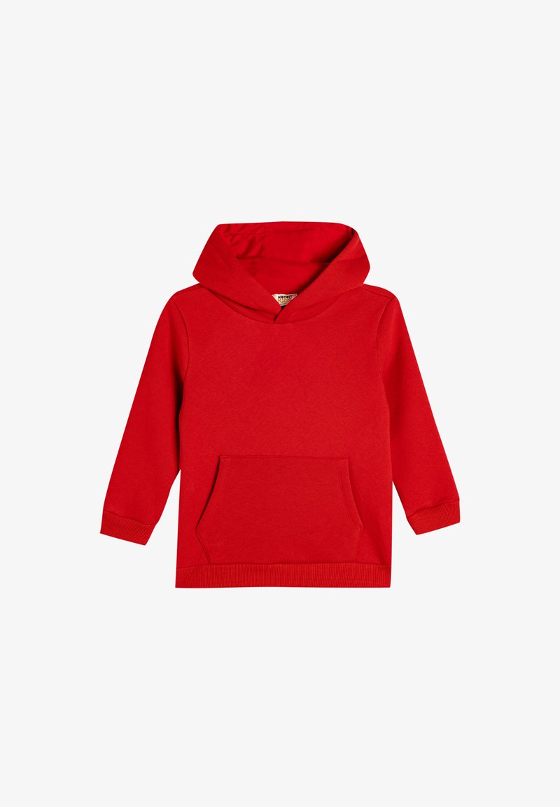 Red hoodie made of soft fabric, featuring a large front pocket, long sleeves, a cozy hood, and ribbed cuffs and hem.
