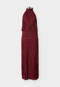 Ærmeløs bordeaux halterneck maxikjole med rynket stof og tætsiddende, rynket taljebånd.