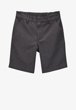 Pantalones cortos gris oscuro hechos de tela texturizada, con un frente plano, dos bolsillos laterales y una cintura para mayor comodidad.