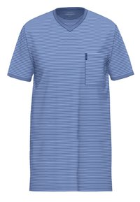 T-shirt a maniche corte, scollatura a V di colore azzurro chiaro con strisce orizzontali bianche e taschino sul petto; realizzato in tessuto morbido e traspirante.