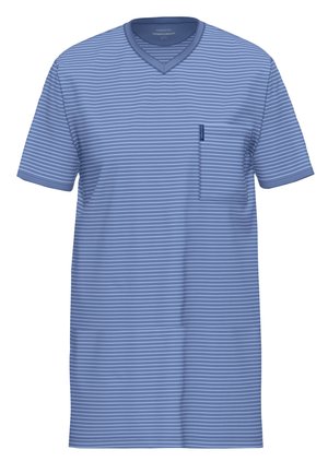 Kurzärmliges, V-Ausschnitt T-Shirt in Hellblau mit weißen horizontalen Streifen und einer Brusttasche; aus weichem, atmungsaktivem Stoff gefertigt.