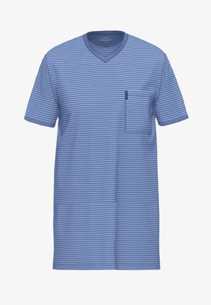 Short-sleeve, V-neck T-shirt in light blue with white horizontal stripes and a chest pocket; made from soft, breathable fabric.