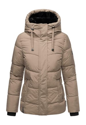 Giacca isolante beige con cappuccio, caratterizzata da un design trapuntato, stringhe regolabili e fodera interna nera. Texture morbida e vestibilità pratica.
