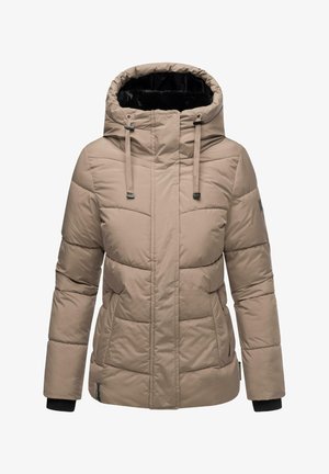Beige isolierte Jacke mit Kapuze, ausgestattet mit einem gesteppten Design, verstellbaren Kordeln und schwarzem Innenfutter. Weicher Stoff und praktische Passform.