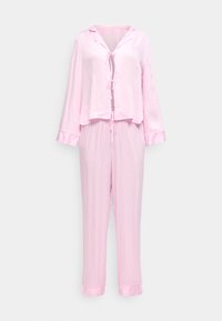 Ensemble pyjama rose pâle à manches longues avec un haut boutonné à liens et un pantalon ample assorti avec une taille à cordon.