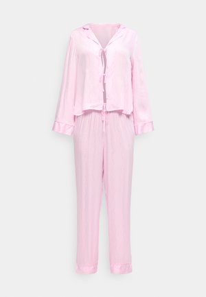 Set pigiama rosa chiaro a maniche lunghe con top con bottoni e chiusure a fiocco e pantaloni abbinati, ampi, con vita con coulisse.
