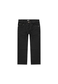 Black denim jeans with a straight leg design, featuring two front pockets, a button closure, and gold hardware accents.
