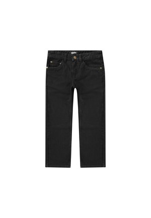 Jeans in denim nero con design a gamba dritta, dotati di due tasche anteriori, chiusura a bottone e dettagli in metallo dorato.